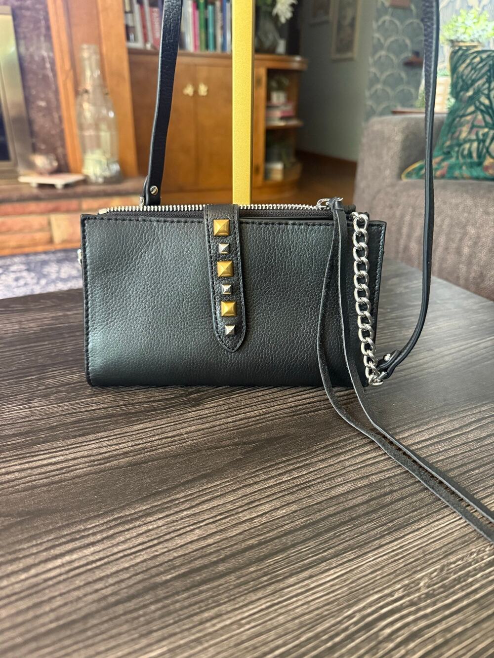 Rebecca Minkoff Black Pebbled Leather Studded Wallet on Chain Crossbody Purse
